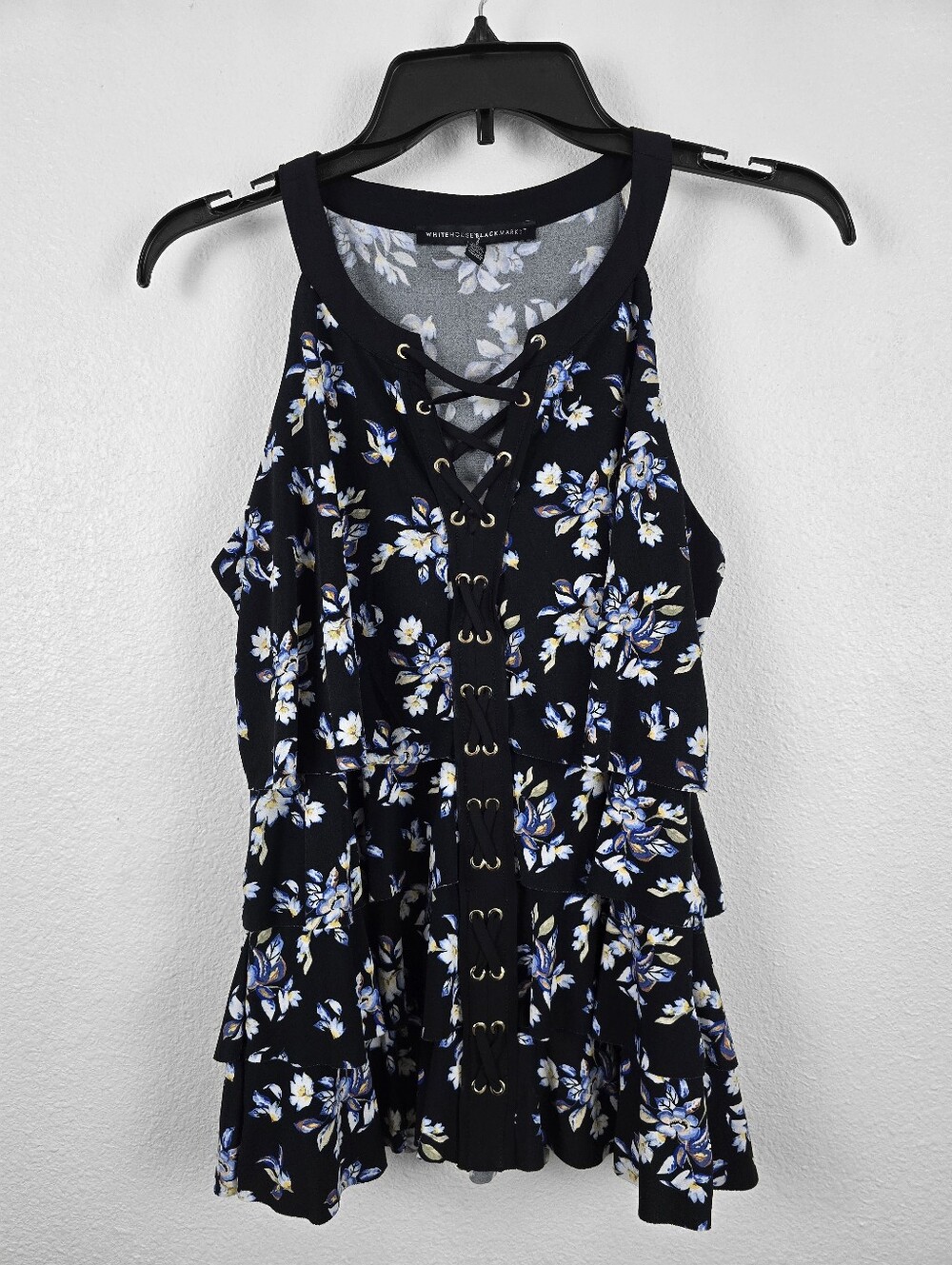 WHBM | Black + Multicolor Floral Tiered Ruffle Lace Front Tank Top Size Small - Picture 9 of 12